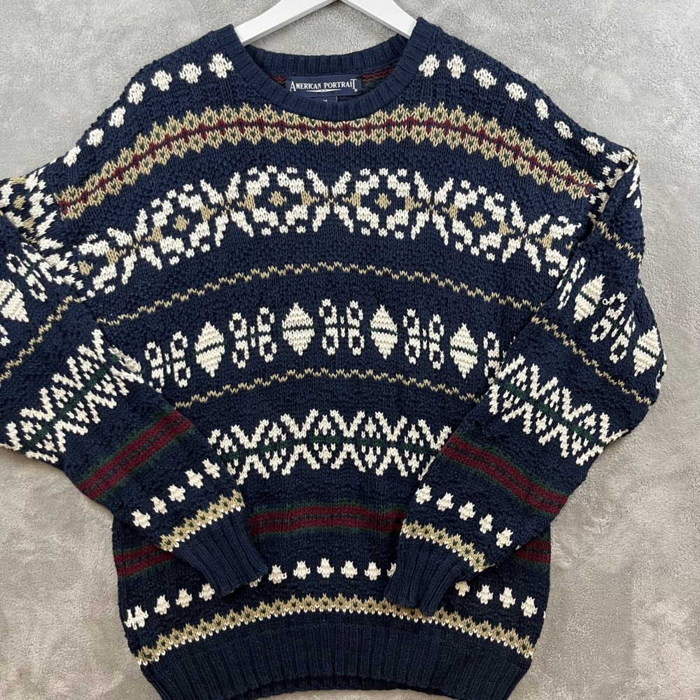 Vtg American Portrait Mens Knit Sweater M Nordic Blue Fair Isle USA Cotton - Picture 2 of 6
